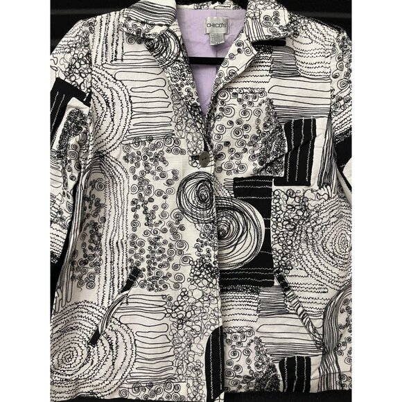 Chico's Women's Size 0 Black & White Embroidered Blazer Jacket 3/4 Sleeve - Picture 3 of 14